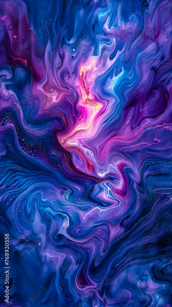 A painting of a purple and blue swirl with a pink and orange blob in the middle. The painting has a dreamy, ethereal quality to it