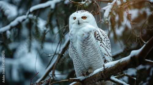 beautiful big white owl sit on the tree branch and look at camera © Maryna