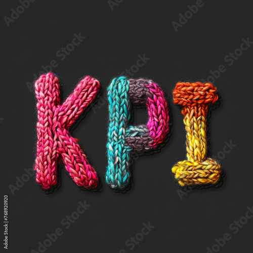 A colorful knit lettering of the word "KPI" in a playful and creative way. The letters are made up of various colored yarns, giving the impression of a knitted or crocheted design