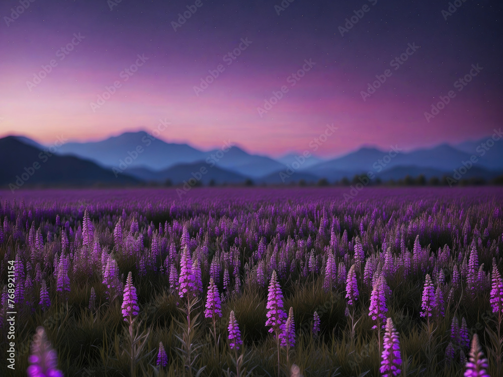 Field of wildflowers in the magical lights of the night, fantasy wallpaper. Generative ai