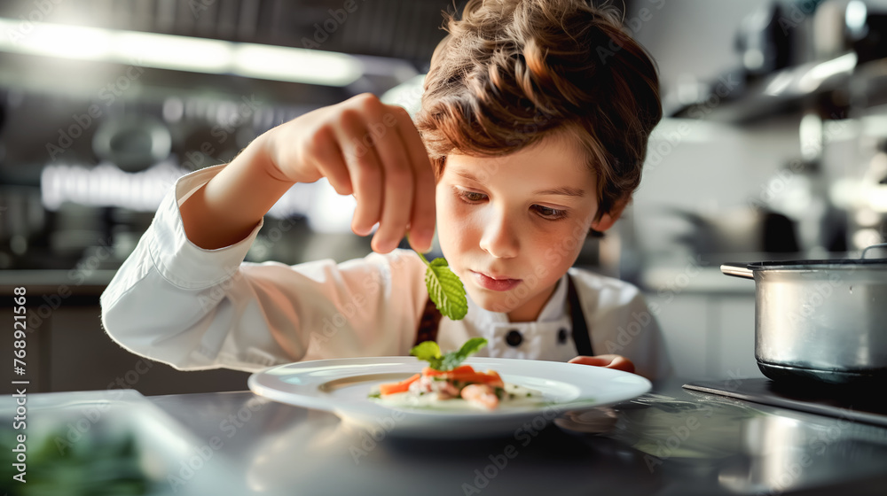 Young Boy Chef Perfecting Gourmet Dish in Professional Kitchen. Profession choice concept