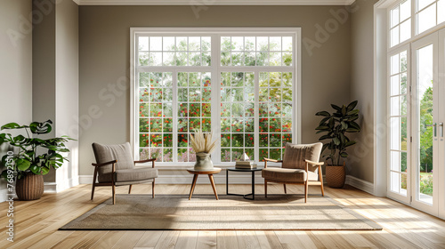 A living room with two chairs  a coffee table  and a potted plant. The room is bright and airy  with a large window letting in plenty of natural light