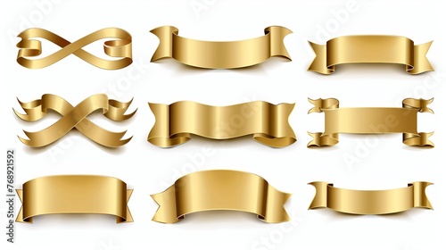 Set of gold banner label ribbons with white background. Generated by artificial intelligence.