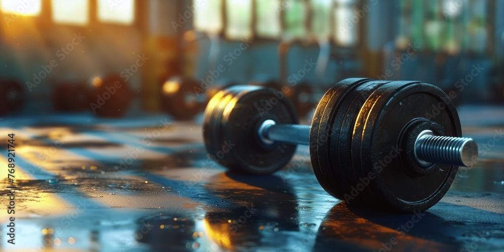 Close-up of gym weights in focus with a vibrant, active fitness environment background