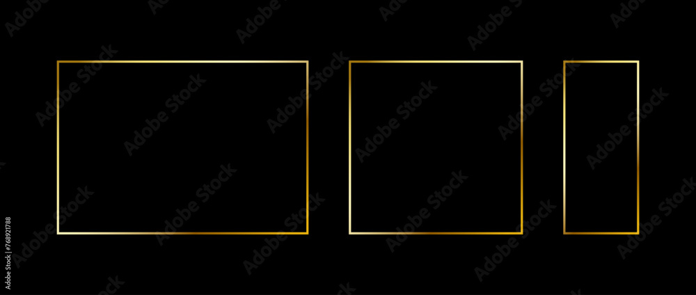 Set of golden thin frames. Gold geometric borders in art deco style. Thin linear square and rectangle collection. Yellow glowing shiny boarder element pack. Vector bundle for photo, cadre, decor - obrazy, fototapety, plakaty 