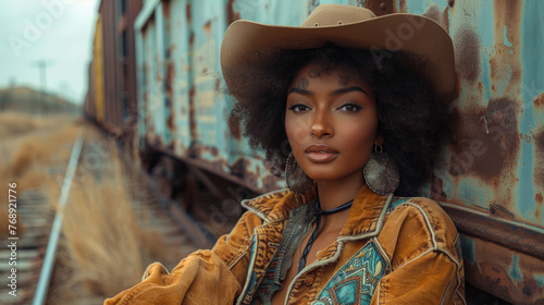Cowgirl Charm Amidst Rustic Rails, striking Afro-American woman strikes a confident pose in Western wear, exuding timeless style against a backdrop of weathered train cars and rustic tracks photo