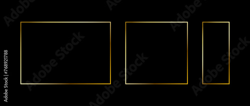 Set of golden thin frames. Gold geometric borders in art deco style. Thin linear square and rectangle collection. Yellow glowing shiny boarder element pack. Vector bundle for photo, cadre, decor photo