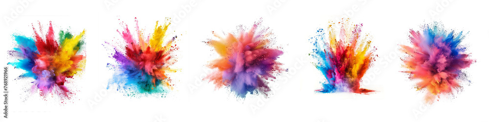 colorful paint splashes, powder splashes, holi color powder splashes isolated on transparent background, png
