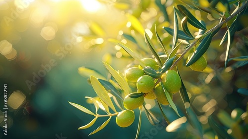 Golden Hour in Olive Grove, Ripe olives bask in the golden sunlight among the branches of an olive tree, capturing the essence of a peaceful Mediterranean orchard