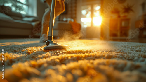 A person is vacuuming a carpet in a room with sunlight streaming in. The room has a cozy and warm atmosphere