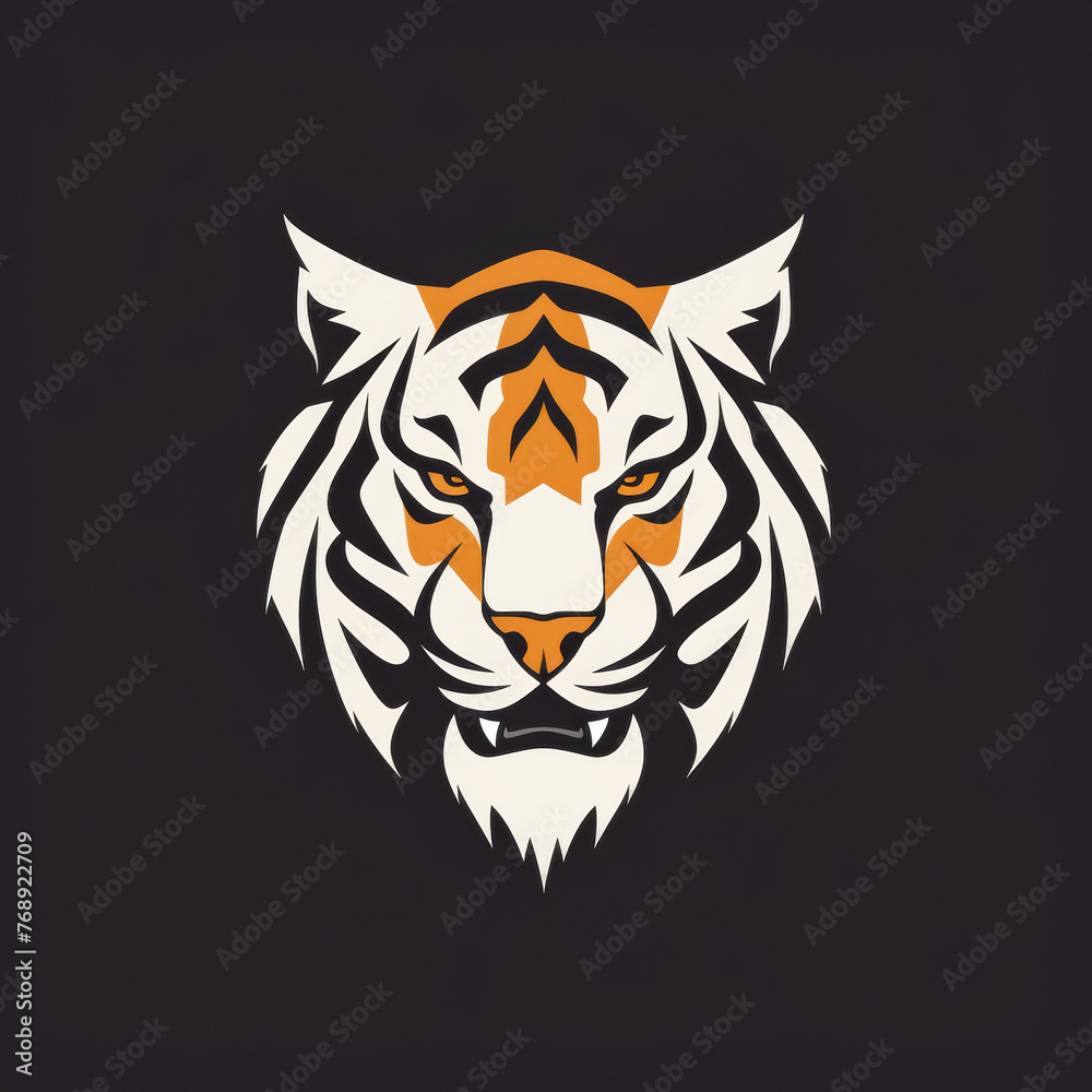 A tiger head with a fierce look on its face. The tiger is orange and white