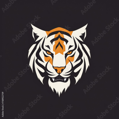 A tiger head with a fierce look on its face. The tiger is orange and white
