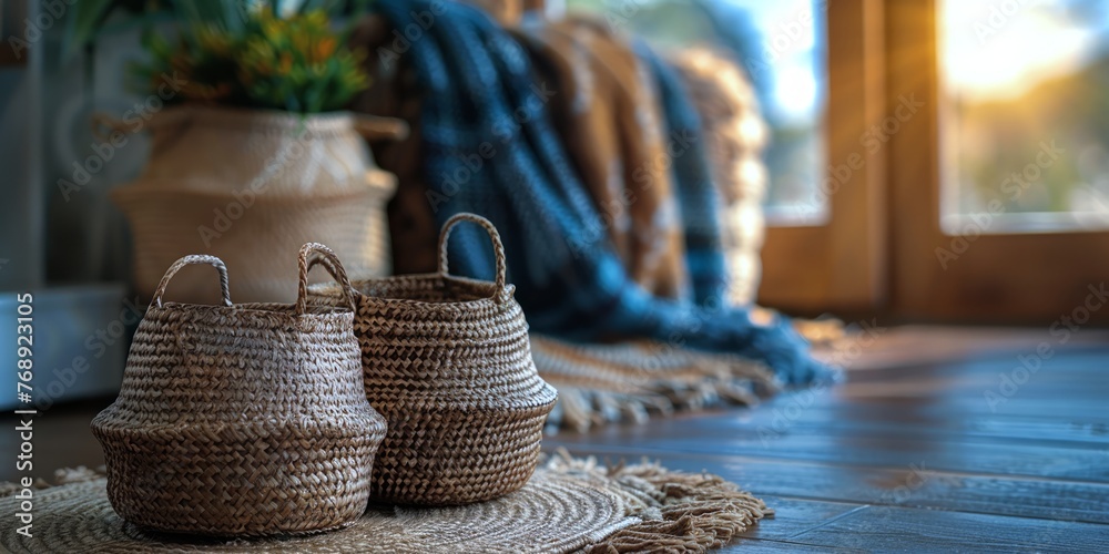 Woven baskets on wooden table with plush throw in natural setting