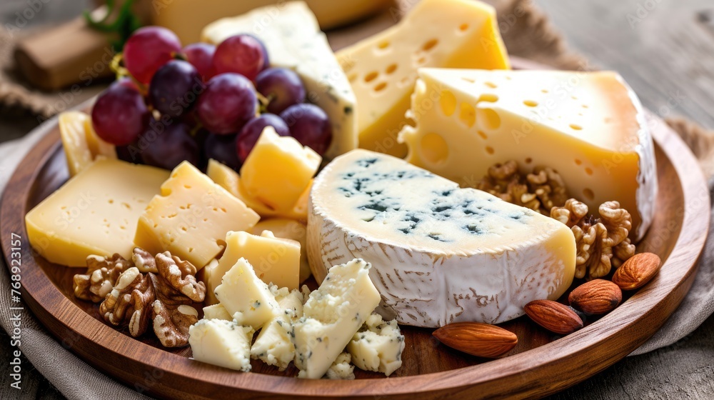 wooden plate adorned with an assortment of cheeses. Artfully arrange various cheese varieties, complemented by a decorative arrangement of nuts and clusters of grape berries