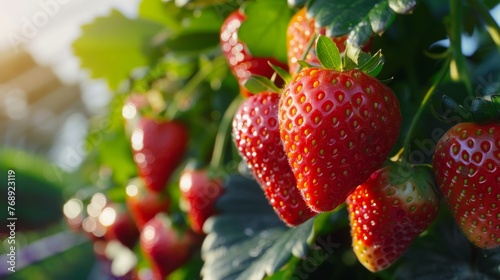 Luscious ripe strawberries thriving in greenhouse  ripe for picking and bursting with vibrant colors