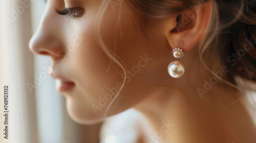 A woman's ear adorned with an intricate pearl earring, with the rest of the image artistically blurred