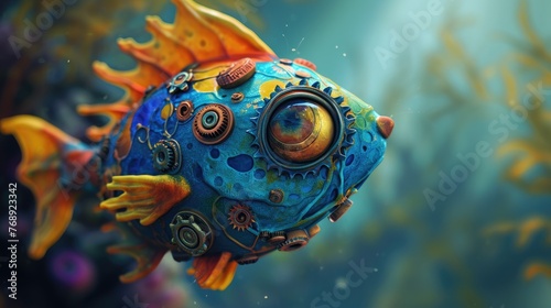 cute big colorful fish with big eyes, blue and yellow colors, a lot of different gear machinery inside, visible from outside © Maryna