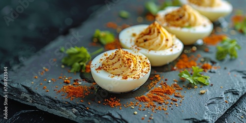 Gourmet deviled eggs sprinkled with paprika and fresh herbs