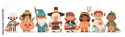 International group of kids in Halloween costumes on isolated background. Cartoon vector flat illustration