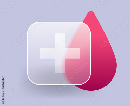 Medical cross and drop of blood glass morphism icon. Blood donor vector concept