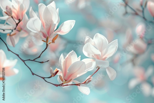 Closeup of magnolia flower on tree branch in natural landscape © Gromik