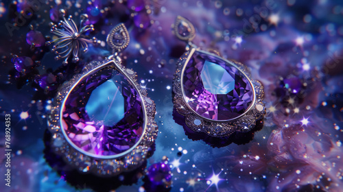 Close-up of amethyst drop earrings glistening on a sparkling glitter surface depicting sophistication and allure photo