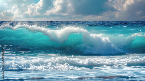 The ocean is calm and blue  with a wave cresting in the distance. The water is still  and the sky is cloudy