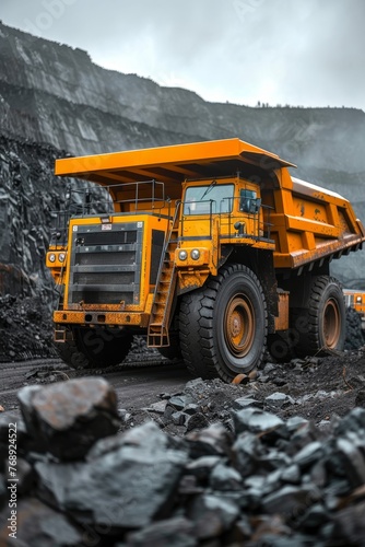 Big yellow mining truck operating in open pit coal mine quarry for extractive industry