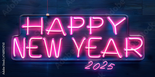 Jahreswechsel 2025 in bunten Zahlen und Happy New Year als Schriftzug im Querformat für Banner, ai generativ