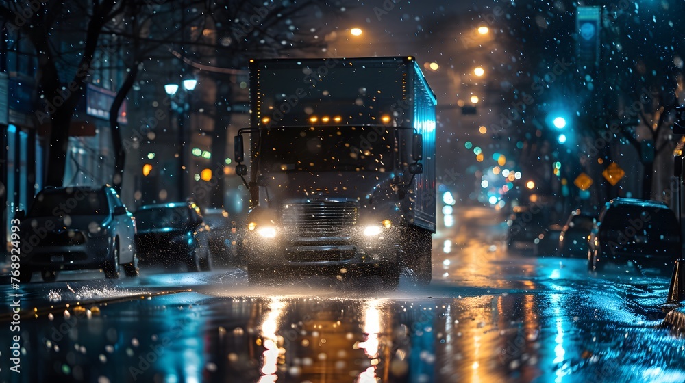 A delivery truck is captured in motion, its headlights reflecting on the wet city street during a rain shower