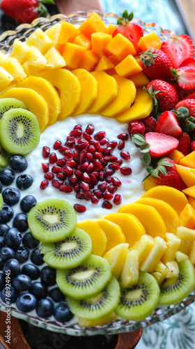 A colorful fruit platter with a variety of fruits including kiwi, strawberries, and mango