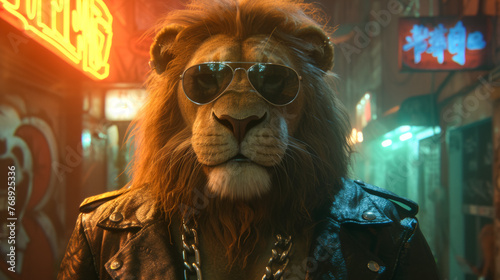 A lion wearing sunglasses and a leather jacket is standing in front of a neon sign. The lion is wearing a chain around its neck and a chain around its neck