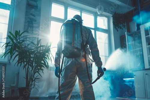 A man in a hazmat suit sprays a room with a hose