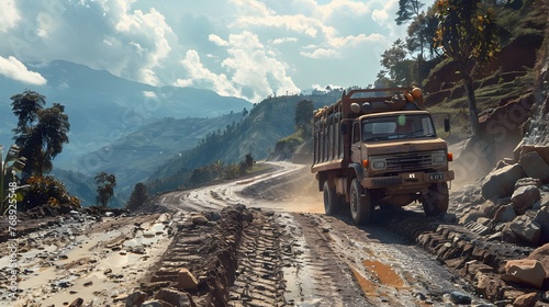 A heavy-duty truck navigates a challenging muddy mountain road  reflecting the harsh conditions of rural transportation