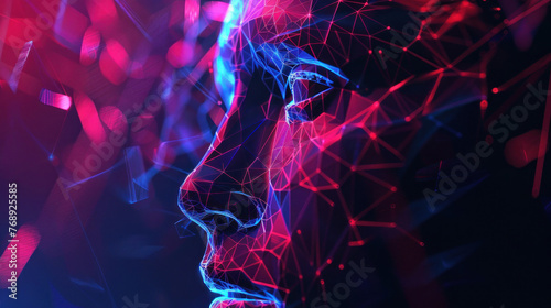 The artistic close-up of a digital human face outlined in red, focusing on the concept of advanced technology #768925585