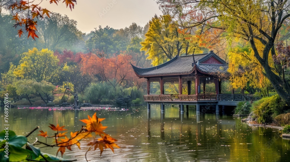 Fototapeta premium Enigmatic beauty of jiangnan gardens: tranquil li garden landscape with ethereal atmosphere and ornate foliage in china