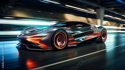 A car is driving down a road with a bright blue sky in the background. The car is a sleek, modern design with a bright orange stripe on the side. Scene is energetic and dynamic