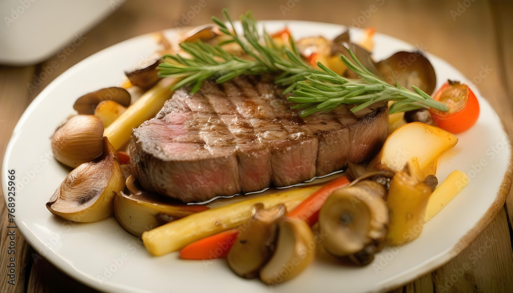 A close-up of a steak topped with wild mushrooms on a white plate A close-up of a steak topped with wild mushrooms on a white plate
