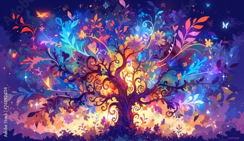 Colorful tree of life with colorful leaves illustration  dark background