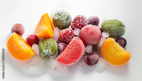 Fototapeta Naklejka Na Ścianę i Meble -  Various types of frozen fruits, beautifully isolated against a white background, symbolizing nature’s frozen bounty