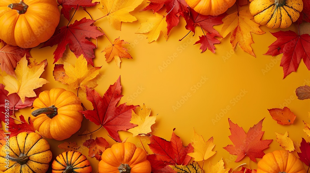 Autumn Pumpkins and Leaves on Yellow Background Autumn Pumpkins and Leaves on Yellow Background