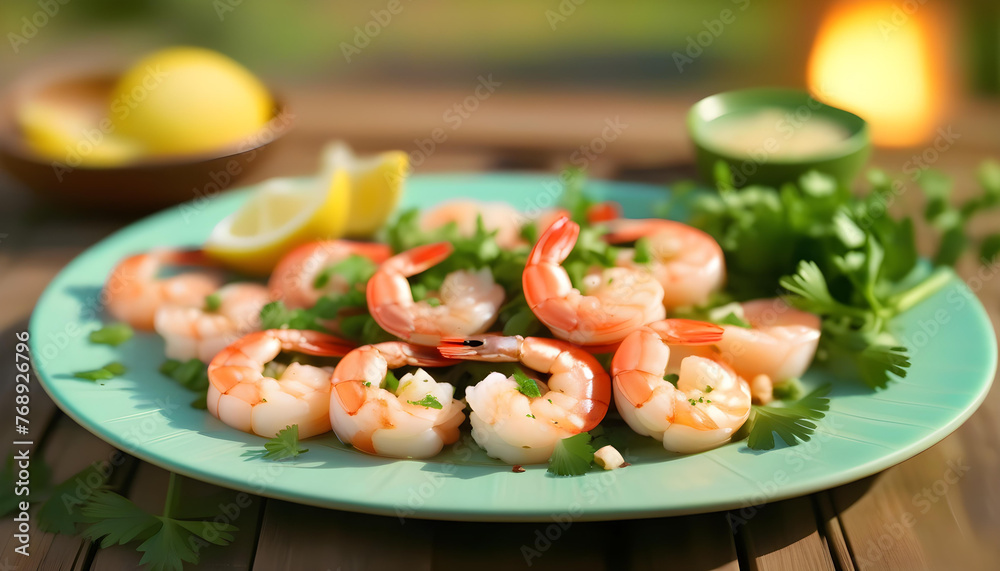 A plate of grilled shrimp with a lemon wedge and parsley on a wooden table A plate of grilled shrimp with a lemon wedge and parsley on a wooden table