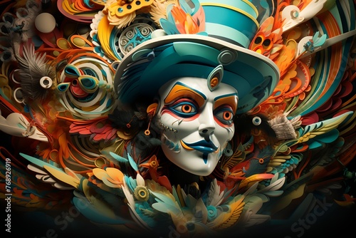 A colorful painting of a woman with a hat and a mask