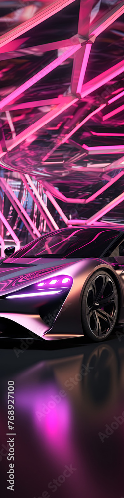A car is parked in a room with pink walls. The car is silver and has a purple headlight