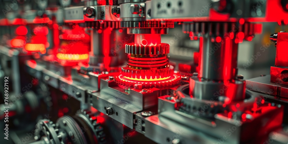 Precision engineering in industrial machinery with glowing red circle parts