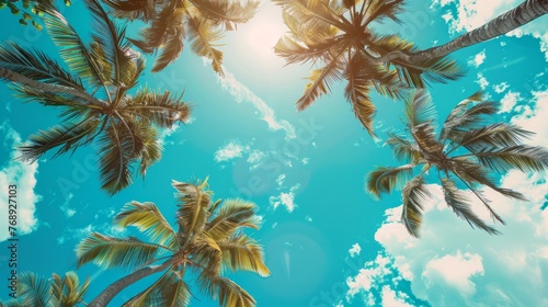 Tropical beach serenity: vintage style view of blue sky and palm trees from below, summer travel background