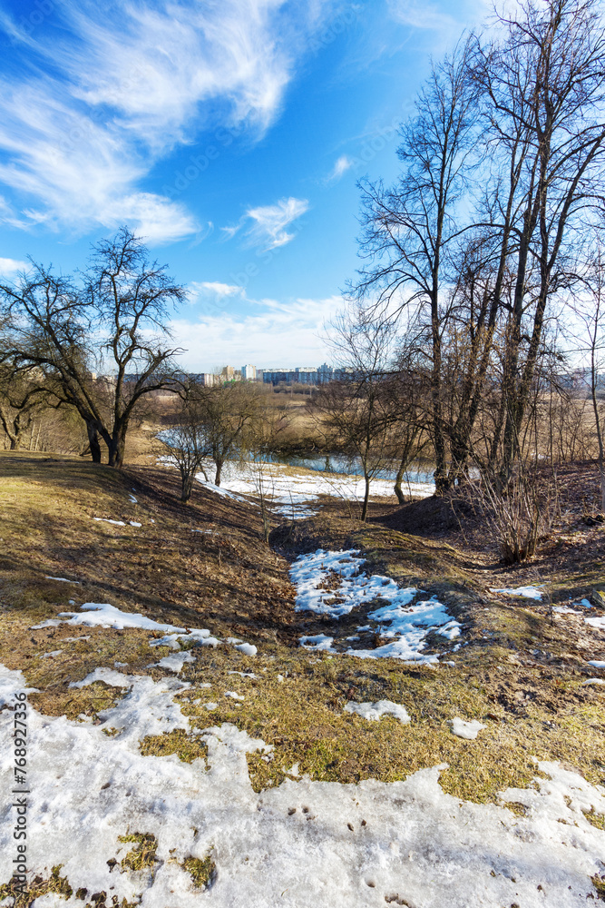 Landscape of very early spring. Trees illuminated by the sun stand on the river bank Landscape of very early spring. Trees illuminated by the sun stand on the river bank