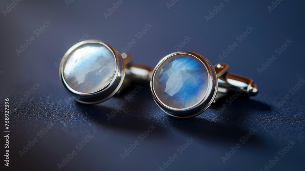 The minimalist composition focusses on designer cufflinks with blue stones against a sleek, blue background showing modern luxury The minimalist composition focusses on designer cufflinks with blue stones against a sleek, blue background showing modern luxury