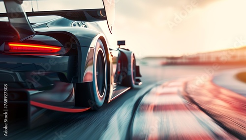Black sports car speeding on a racetrack, leaving a trail of blurred motion behind.