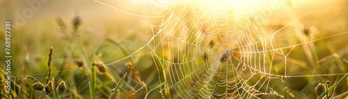 close-up of a spider web in a green meadow at sunrise
